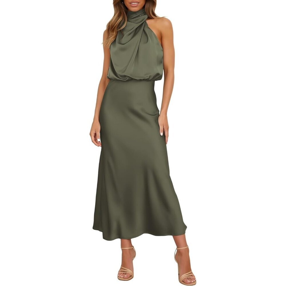 Women's Army Green Spring Summer Satin Sleeveless Elegant Formal Mock Neck Maxi